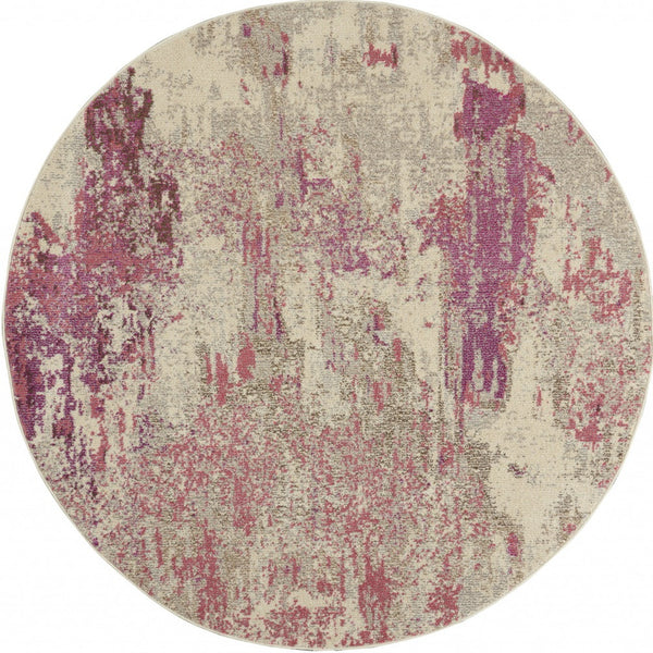 Homeroots 4' X 4' Ivory And Pink Round Abstract Power Loom Non Skid Area Rug  Polypropylene 480127
