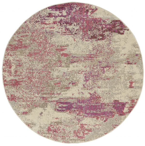 Homeroots 5' X 5' Ivory And Pink Round Abstract Power Loom Non Skid Area Rug  Polypropylene 480128