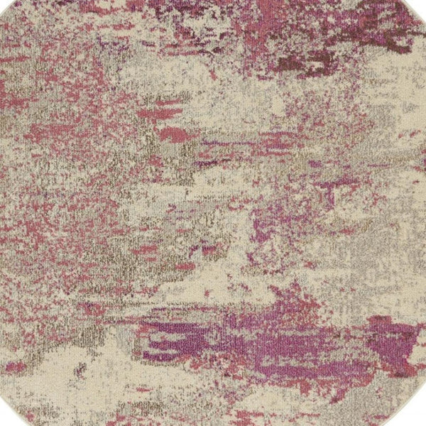HomeRoots 4' Ivory and Pink Abstract Area Rug - Contemporary Non-Skid Design for Soft Comfort and Durability 5' Round Round 480128
