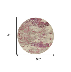 Homeroots 5' X 5' Ivory And Pink Round Abstract Power Loom Non Skid Area Rug  Polypropylene 480128