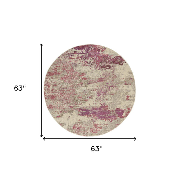 Homeroots 5' X 5' Ivory And Pink Round Abstract Power Loom Non Skid Area Rug  Polypropylene 480128