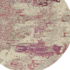 Homeroots 5' X 5' Ivory And Pink Round Abstract Power Loom Non Skid Area Rug  Polypropylene 480128