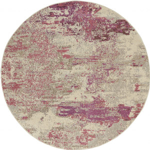 Homeroots 5' X 5' Ivory And Pink Round Abstract Power Loom Non Skid Area Rug  Polypropylene 480128