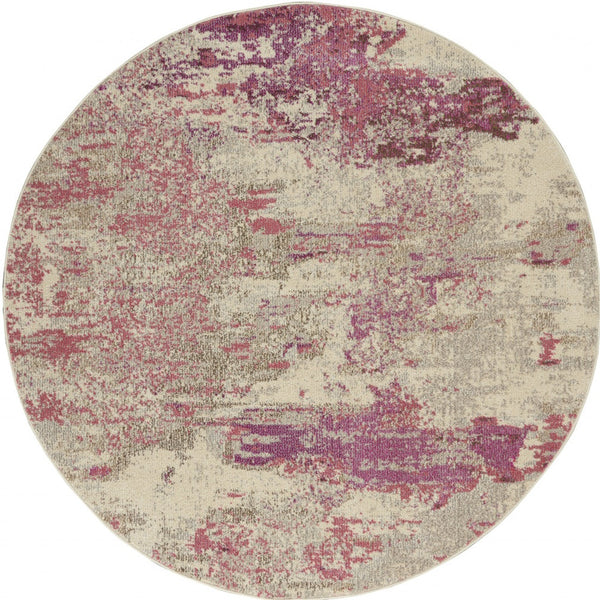 Homeroots 5' X 5' Ivory And Pink Round Abstract Power Loom Non Skid Area Rug  Polypropylene 480128