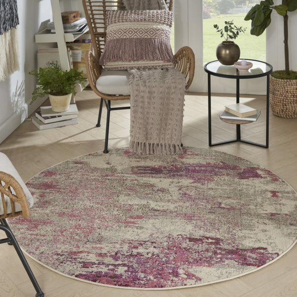 HomeRoots 4' Ivory and Pink Abstract Area Rug - Contemporary Non-Skid Design for Soft Comfort and Durability 5' Round Round 480128