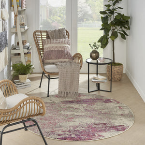 HomeRoots 4' Ivory and Pink Abstract Area Rug - Contemporary Non-Skid Design for Soft Comfort and Durability 5' Round Round 480128