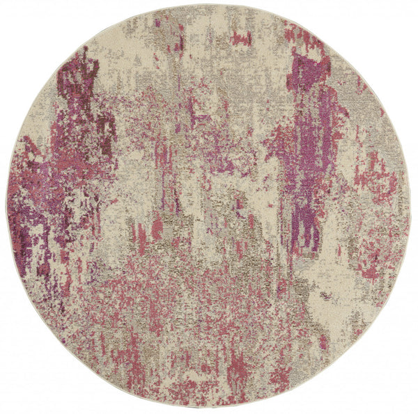 Homeroots 8' X 8' Ivory And Pink Round Abstract Power Loom Non Skid Area Rug  Polypropylene 480130