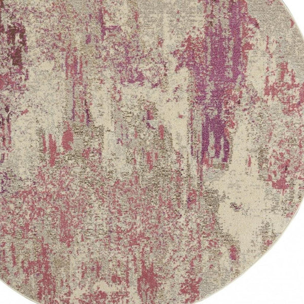 HomeRoots 4' Ivory and Pink Abstract Area Rug - Contemporary Non-Skid Design for Soft Comfort and Durability 8' Round Round 480130