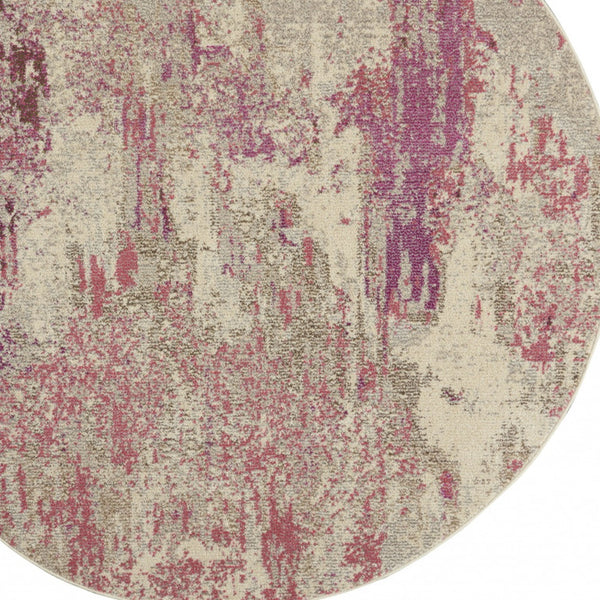 Homeroots 8' X 8' Ivory And Pink Round Abstract Power Loom Non Skid Area Rug  Polypropylene 480130