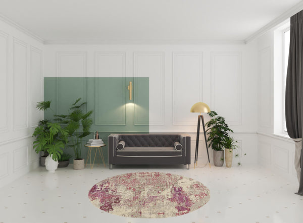 Homeroots 8' X 8' Ivory And Pink Round Abstract Power Loom Non Skid Area Rug  Polypropylene 480130