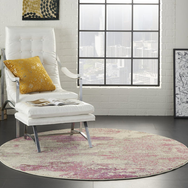 HomeRoots 4' Ivory and Pink Abstract Area Rug - Contemporary Non-Skid Design for Soft Comfort and Durability 8' Round Round 480130