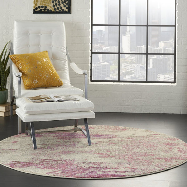 HomeRoots 4' Ivory and Pink Abstract Area Rug - Contemporary Non-Skid Design for Soft Comfort and Durability 8' Round Round 480130