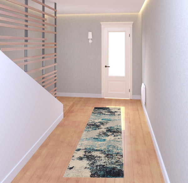 HomeRoots 2' X 8' Abstract Ivory and Teal Blue Non-Skid Runner Rug - Durable, Stylish, Perfect for Any Space! 480133