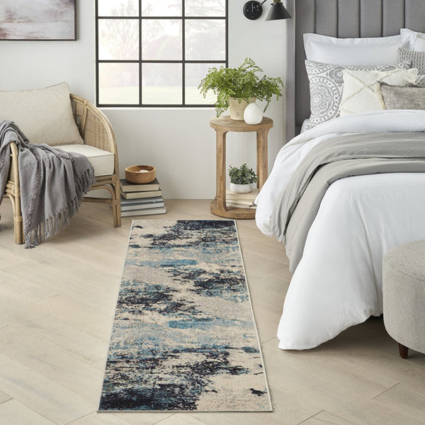 HomeRoots 2' X 8' Abstract Ivory and Teal Blue Non-Skid Runner Rug - Durable, Stylish, Perfect for Any Space! 480133