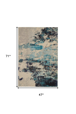 Homeroots 4' X 6' Ivory And Teal Blue Abstract Power Loom Non Skid Area Rug  Polypropylene 480135