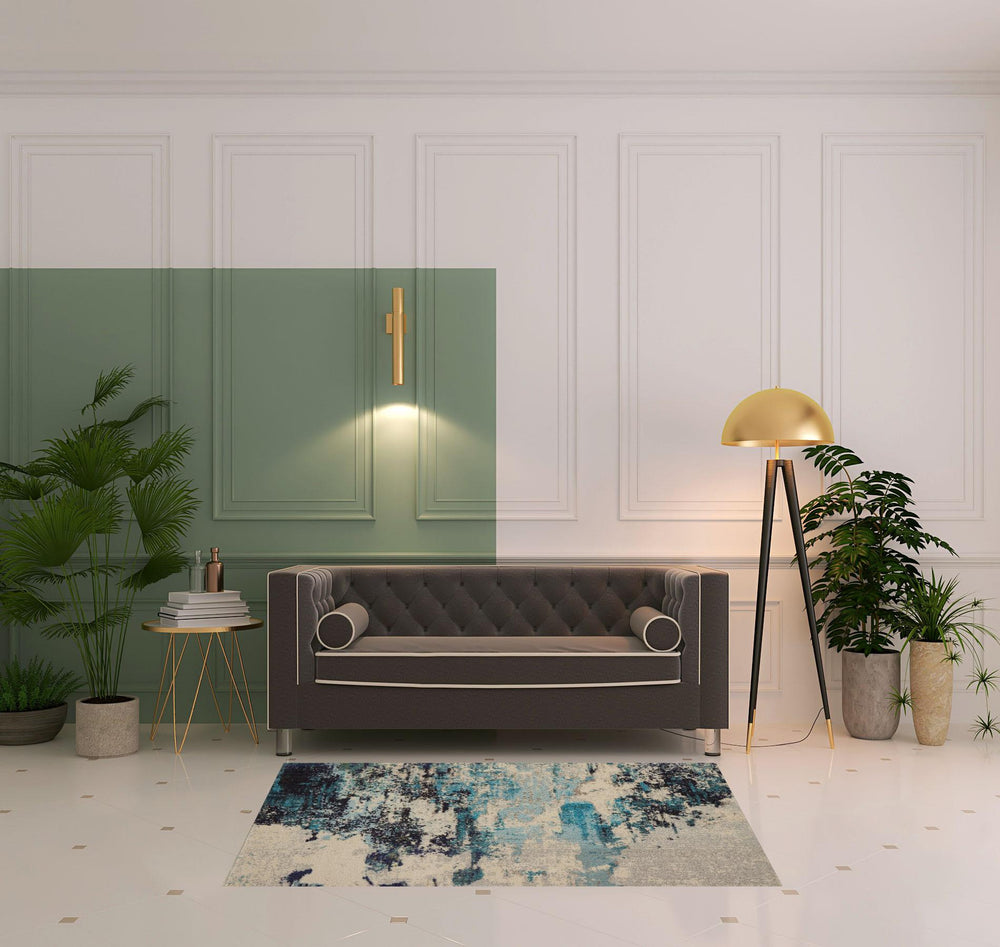 Homeroots 4' X 6' Ivory And Teal Blue Abstract Power Loom Non Skid Area Rug  Polypropylene 480135