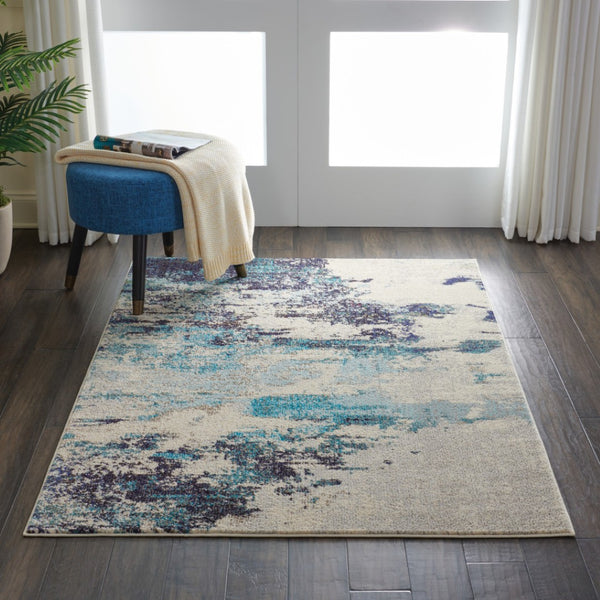 HomeRoots 4' Abstract Area Rug in Ivory and Teal Blue - Modern Design for Stylish Home Décor and Comfort 4' X 6' Rectangle 480135