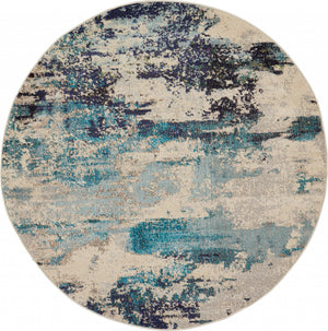 Homeroots 4' X 4' Ivory And Teal Blue Round Abstract Power Loom Non Skid Area Rug  Polypropylene 480136