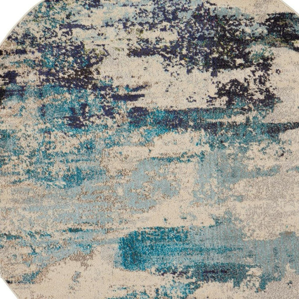 HomeRoots 4' Abstract Area Rug in Ivory and Teal Blue - Modern Design for Stylish Home Décor and Comfort 4' Round Round 480136