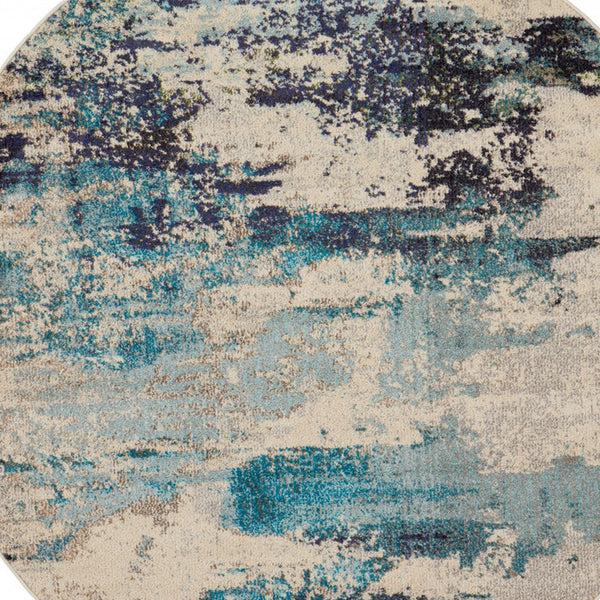 Homeroots 4' X 4' Ivory And Teal Blue Round Abstract Power Loom Non Skid Area Rug  Polypropylene 480136