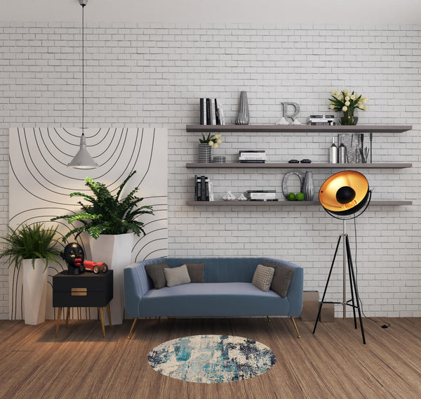 Homeroots 4' X 4' Ivory And Teal Blue Round Abstract Power Loom Non Skid Area Rug  Polypropylene 480136