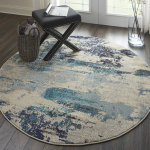 HomeRoots 4' Abstract Area Rug in Ivory and Teal Blue - Modern Design for Stylish Home Décor and Comfort 4' Round Round 480136