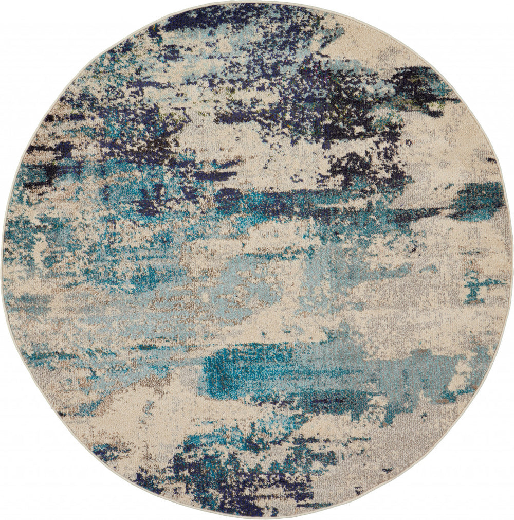 Homeroots 5' X 5' Ivory And Teal Blue Round Abstract Power Loom Non Skid Area Rug  Polypropylene 480137