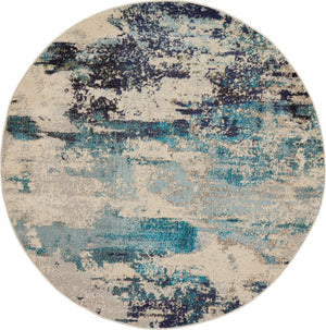 HomeRoots 4' Abstract Area Rug in Ivory and Teal Blue - Modern Design for Stylish Home Décor and Comfort 5' Round Round 480137