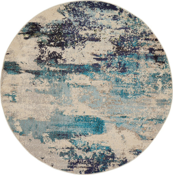 HomeRoots 4' Abstract Area Rug in Ivory and Teal Blue - Modern Design for Stylish Home Décor and Comfort 5' Round Round 480137