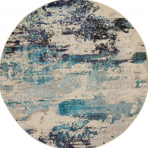 Homeroots 5' X 5' Ivory And Teal Blue Round Abstract Power Loom Non Skid Area Rug  Polypropylene 480137