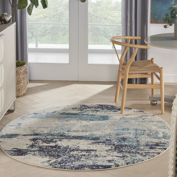 HomeRoots 4' Abstract Area Rug in Ivory and Teal Blue - Modern Design for Stylish Home Décor and Comfort 5' Round Round 480137