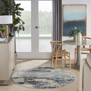 HomeRoots 4' Abstract Area Rug in Ivory and Teal Blue - Modern Design for Stylish Home Décor and Comfort 5' Round Round 480137
