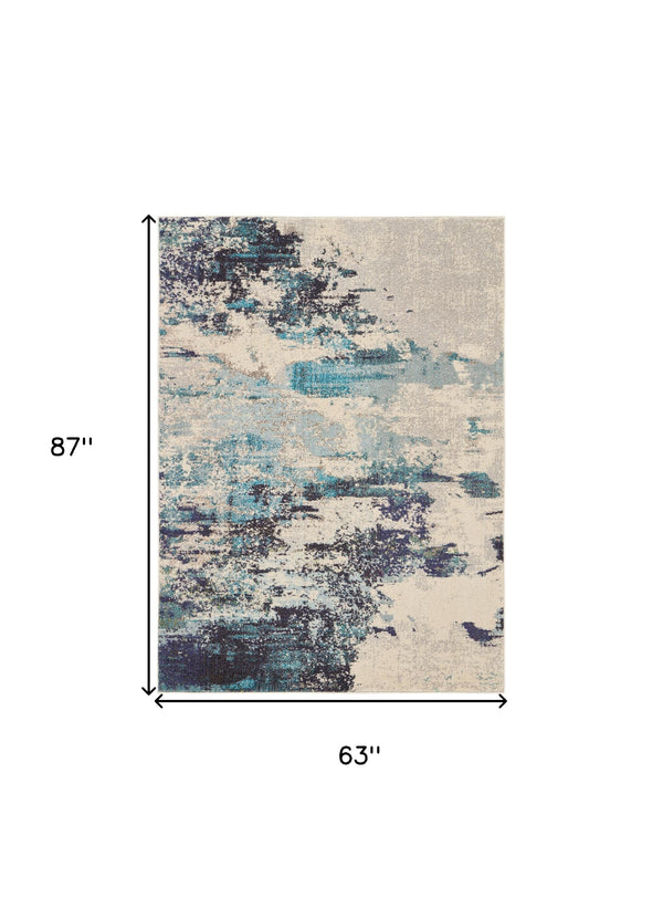 Homeroots 5' X 7' Ivory And Teal Blue Abstract Power Loom Non Skid Area Rug  Polypropylene 480138