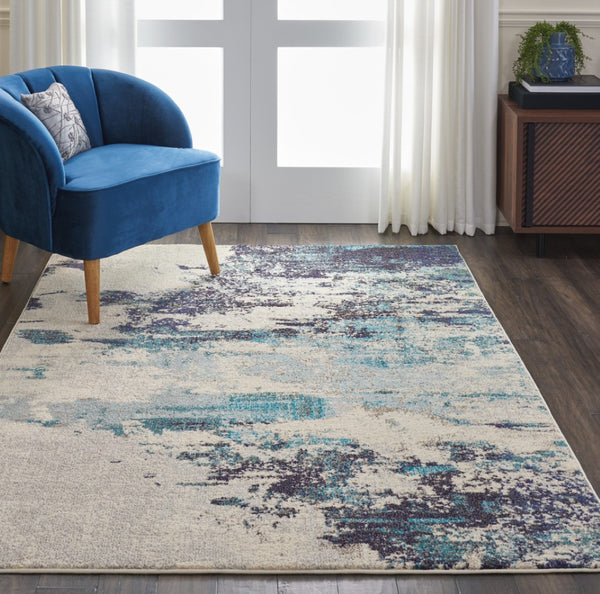 HomeRoots 4' Abstract Area Rug in Ivory and Teal Blue - Modern Design for Stylish Home Décor and Comfort 5' X 7' Rectangle 480138