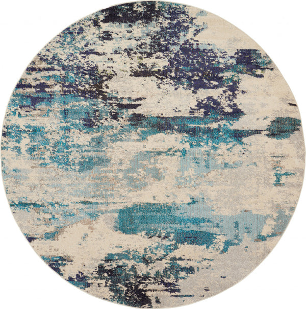 Homeroots 8' X 8' Ivory And Teal Blue Round Abstract Power Loom Non Skid Area Rug  Polypropylene 480139
