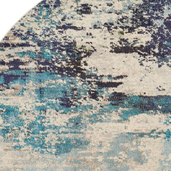 HomeRoots 4' Abstract Area Rug in Ivory and Teal Blue - Modern Design for Stylish Home Décor and Comfort 8' Round Round 480139