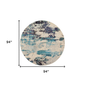 Homeroots 8' X 8' Ivory And Teal Blue Round Abstract Power Loom Non Skid Area Rug  Polypropylene 480139