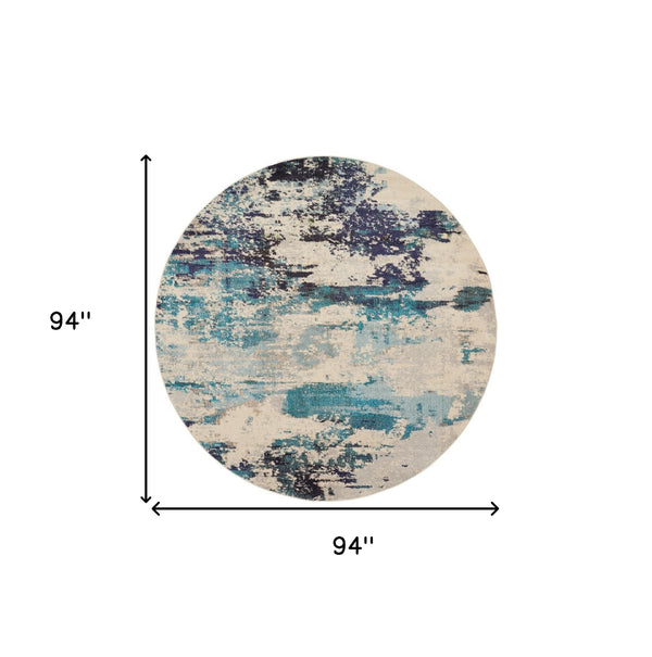 Homeroots 8' X 8' Ivory And Teal Blue Round Abstract Power Loom Non Skid Area Rug  Polypropylene 480139