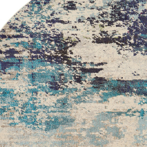 Homeroots 8' X 8' Ivory And Teal Blue Round Abstract Power Loom Non Skid Area Rug  Polypropylene 480139