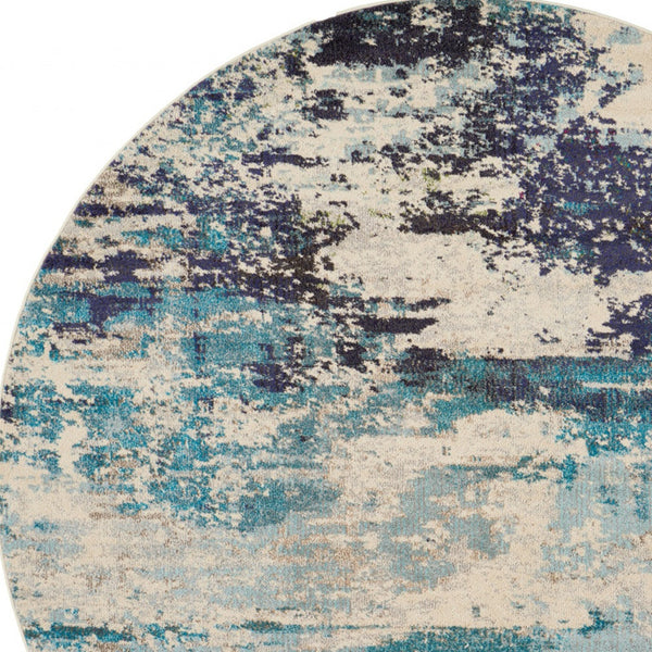 Homeroots 8' X 8' Ivory And Teal Blue Round Abstract Power Loom Non Skid Area Rug  Polypropylene 480139