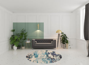 Homeroots 8' X 8' Ivory And Teal Blue Round Abstract Power Loom Non Skid Area Rug  Polypropylene 480139