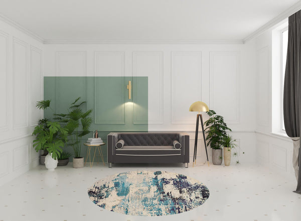 Homeroots 8' X 8' Ivory And Teal Blue Round Abstract Power Loom Non Skid Area Rug  Polypropylene 480139