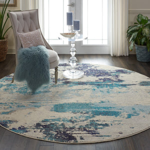 HomeRoots 4' Abstract Area Rug in Ivory and Teal Blue - Modern Design for Stylish Home Décor and Comfort 8' Round Round 480139
