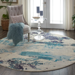 HomeRoots 4' Abstract Area Rug in Ivory and Teal Blue - Modern Design for Stylish Home Décor and Comfort 8' Round Round 480139
