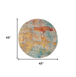 Homeroots 4' X 4' Ivory And Aqua Round Abstract Power Loom Non Skid Area Rug  Polypropylene 480145