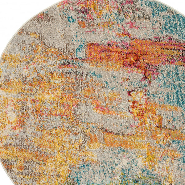 Homeroots 4' X 4' Ivory And Aqua Round Abstract Power Loom Non Skid Area Rug  Polypropylene 480145