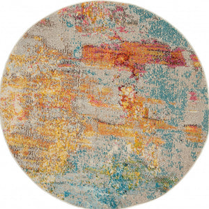 Homeroots 4' X 4' Ivory And Aqua Round Abstract Power Loom Non Skid Area Rug  Polypropylene 480145
