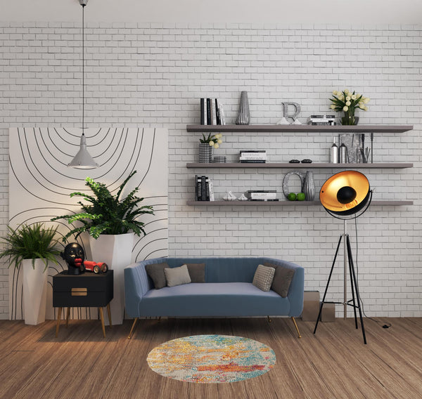 Homeroots 4' X 4' Ivory And Aqua Round Abstract Power Loom Non Skid Area Rug  Polypropylene 480145