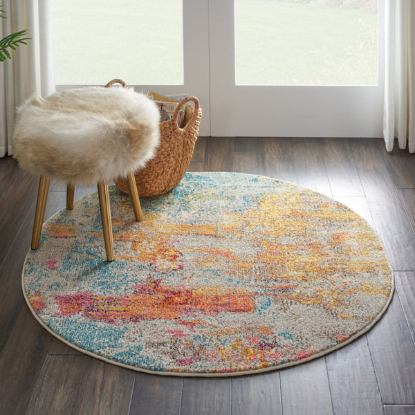 HomeRoots 4' Sealife Abstract Area Rug - Coastal-Inspired Non-Skid Design for Modern Living Spaces 4' Round Round 480145