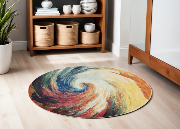 HomeRoots 4' Wave Abstract Area Rug - Modern Power Loomed Design, Soft Non-Skid Comfort for Any Room 5' Round Round 480163